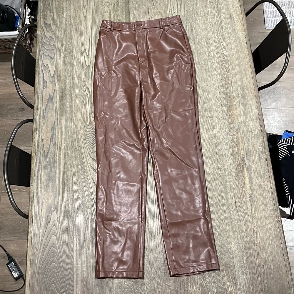 White Fox Womens You've Got It Faux Leather Pant High Rise Straight Brown Size L